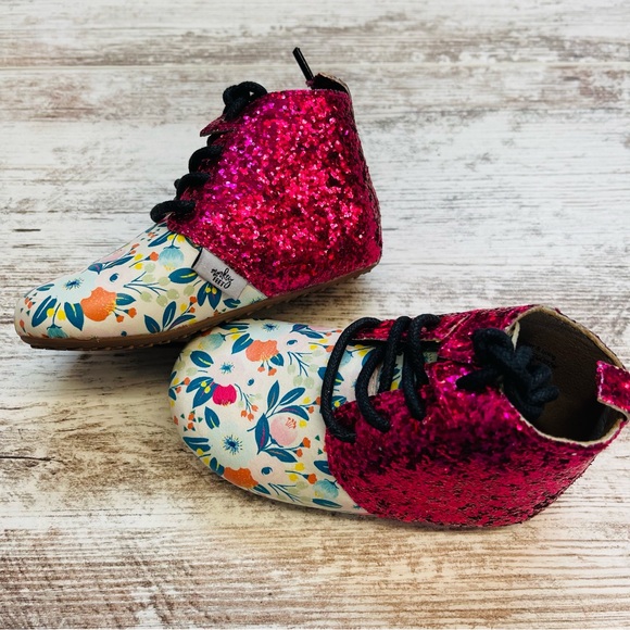 Monkey Feet Pink Glitter Floral Kids Boots Sparkle Girls 12-18m Ankle Shoes Soft - Picture 2 of 7